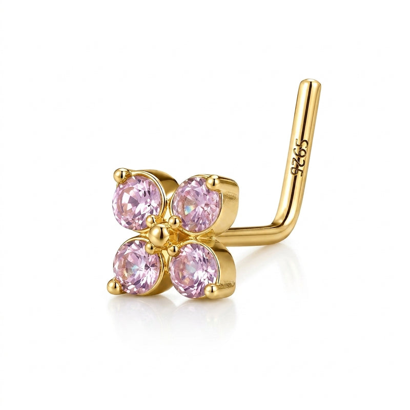 Clou en L dore fleur 4 petales zircons roses S925 — fond blanc