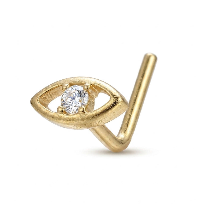 Clou en L dore ornement oeil du destin ajoure zircon central — fond blanc