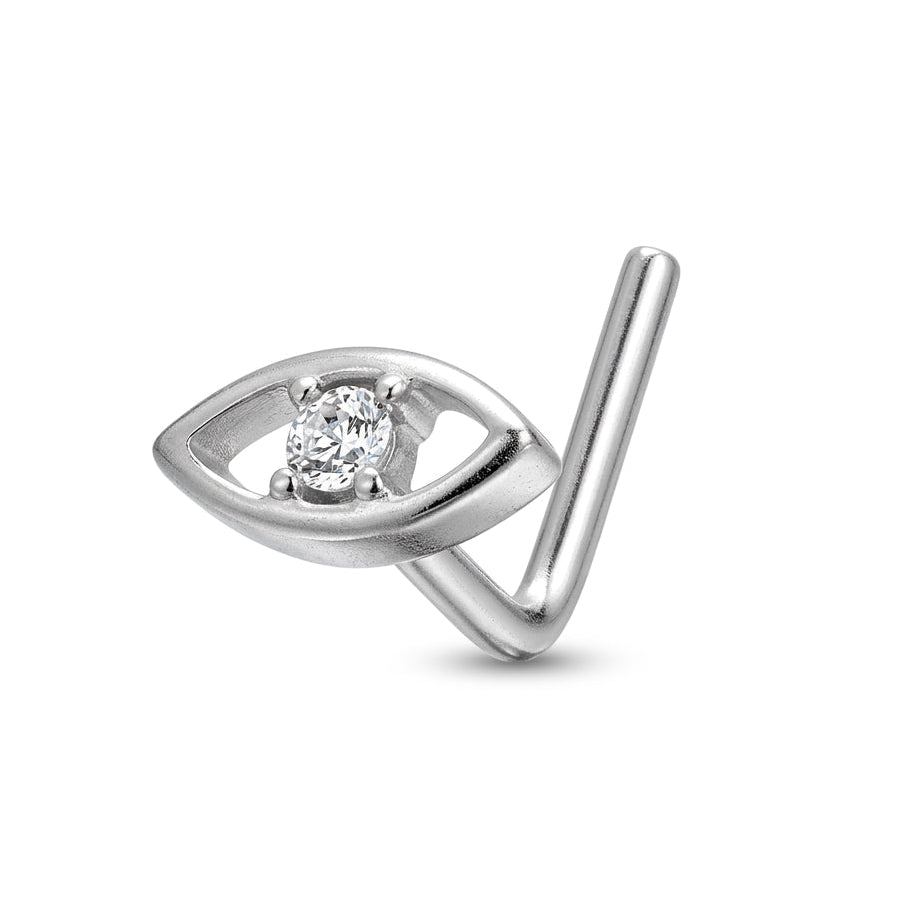 Clou en L argente ornement oeil du destin ajoure zircon central — fond blanc