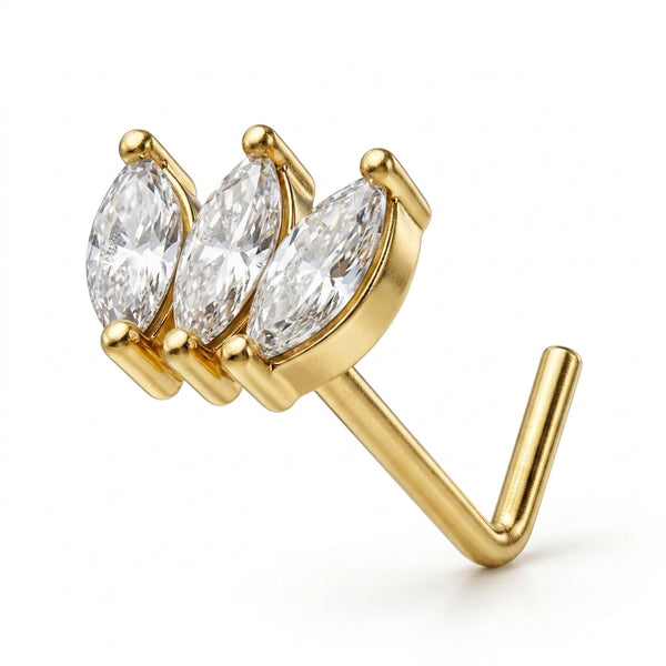 Clou en L dore couronne 3 zircons marquise — fond blanc