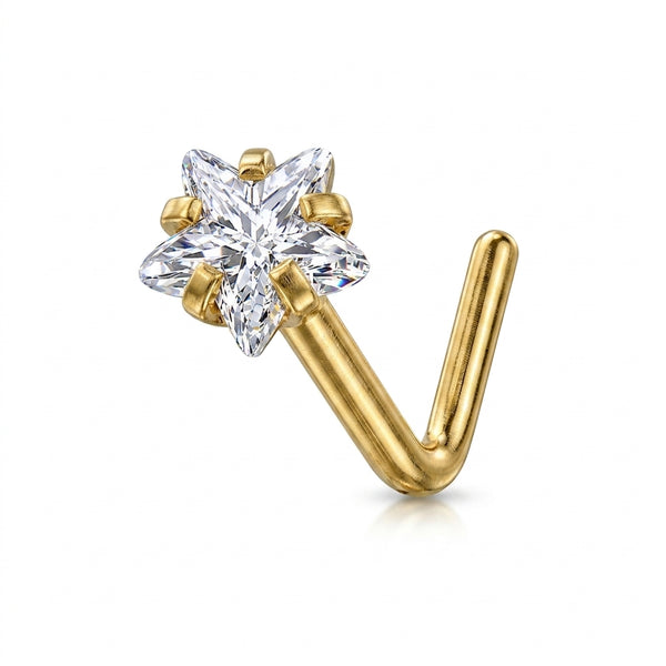 Clou en L dore etoile 6 branches zircons marquise — fond blanc