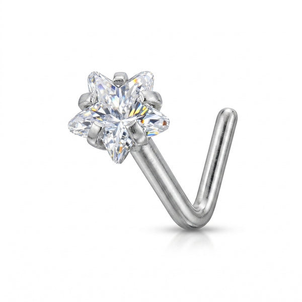 Clou en L argente etoile 6 branches zircons marquise — fond blanc