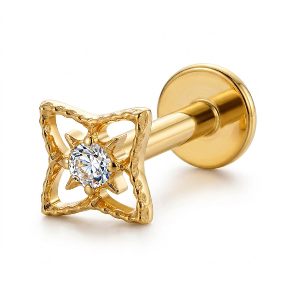 Piercing Labret Tragus Doré, Étoile Ajourée Zircone