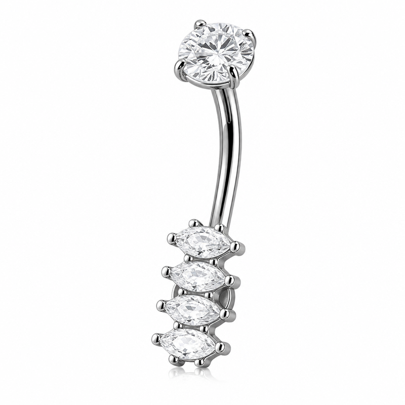 Piercing nombril barre inversée argenté — 5 zircons marquise en rangée