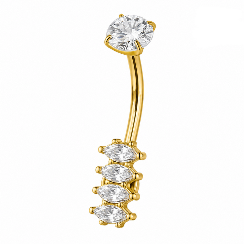 Piercing nombril barre inversée doré — 5 zircons marquise en rangée