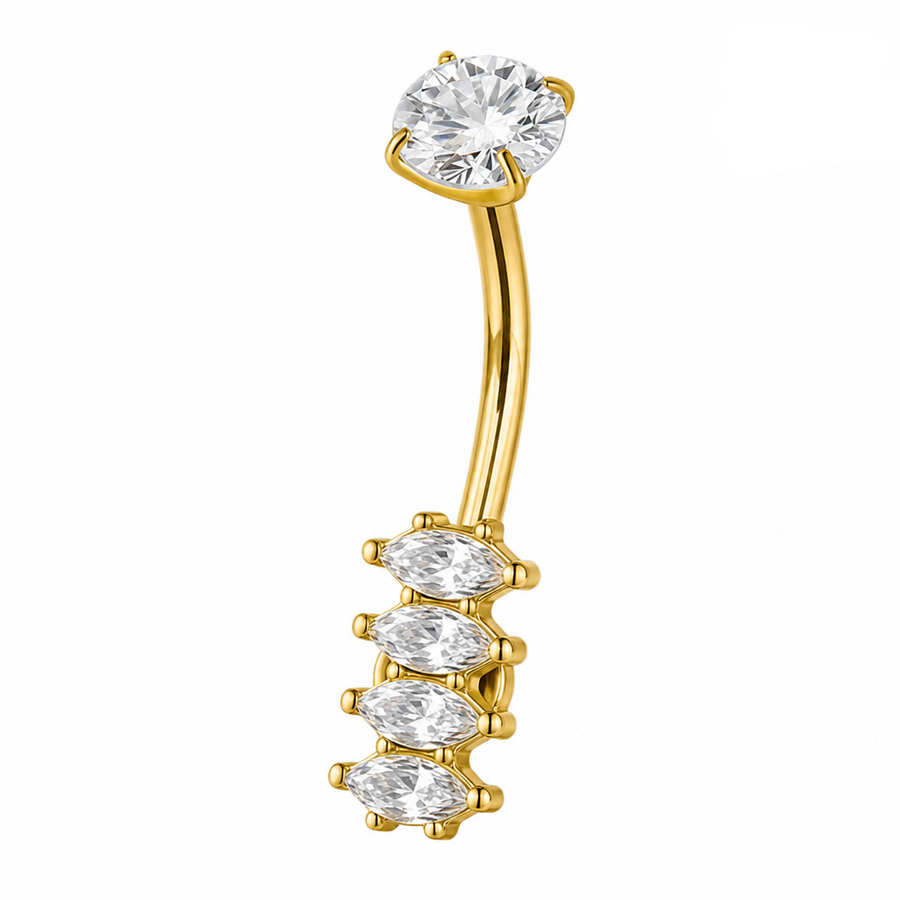 Piercing nombril barre inversée doré — 5 zircons marquise en rangée