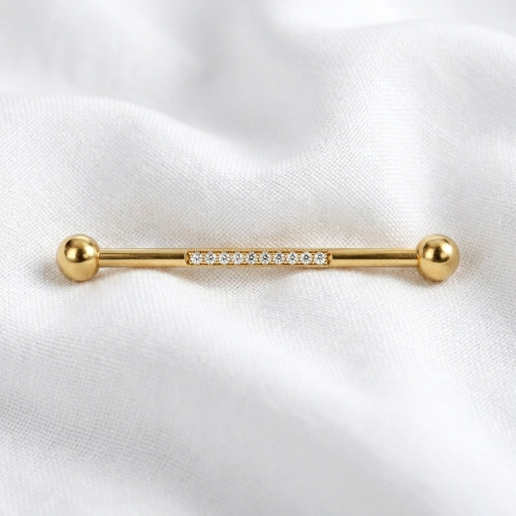 Piercing Industriel Doré, Barre Titane avec Ligne Zircones - vue 4