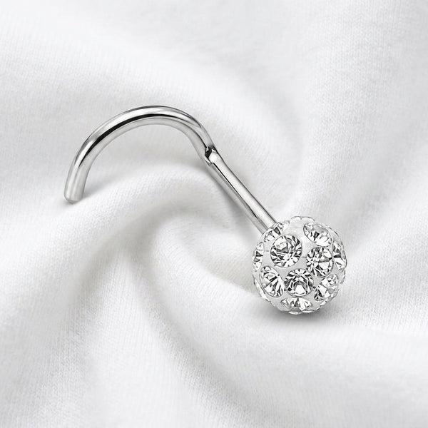 Vis nez argentee boule disco strass blanc — posee sur tissu blanc