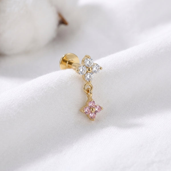 Piercing oreille labret doré fleur zircone double pendentif - vue 10