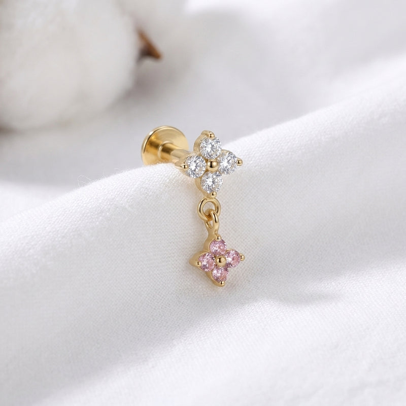 Piercing oreille labret doré fleur zircone double pendentif - vue 10
