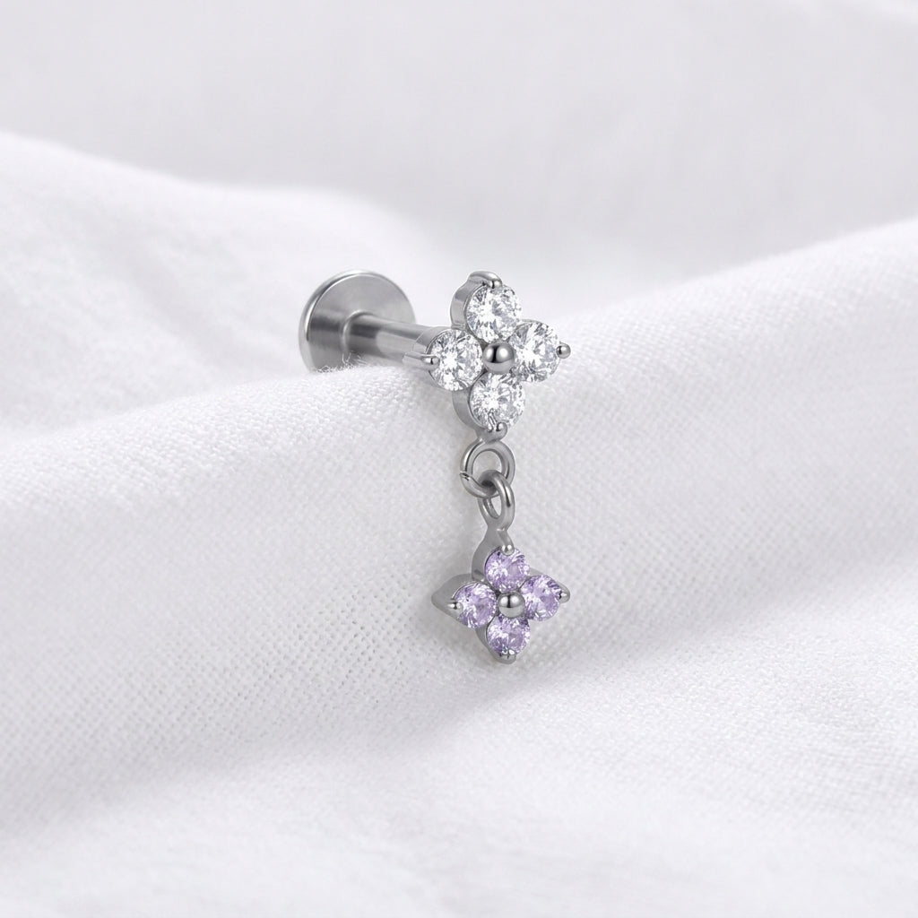 Piercing oreille labret doré fleur zircone double pendentif - vue 2