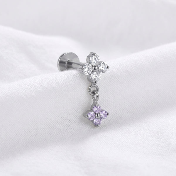 Piercing oreille labret doré fleur zircone double pendentif - vue 2