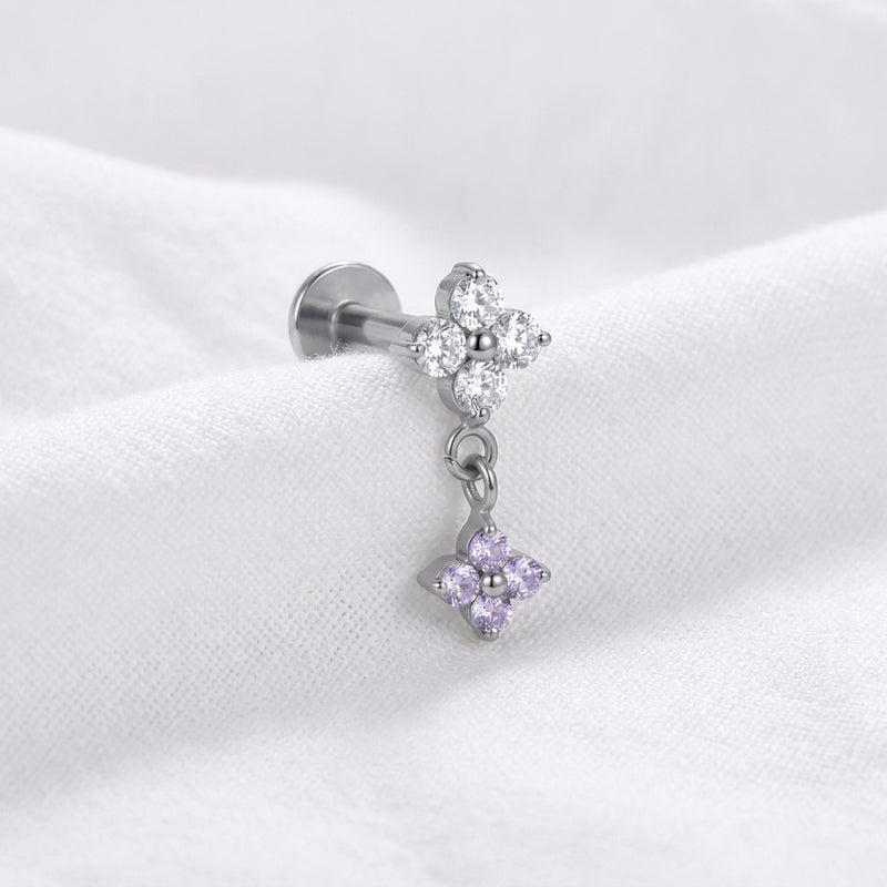 Piercing oreille labret doré fleur zircone double pendentif - vue 2