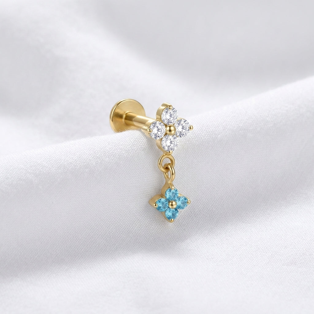 Piercing oreille labret doré fleur zircone double pendentif - vue 5