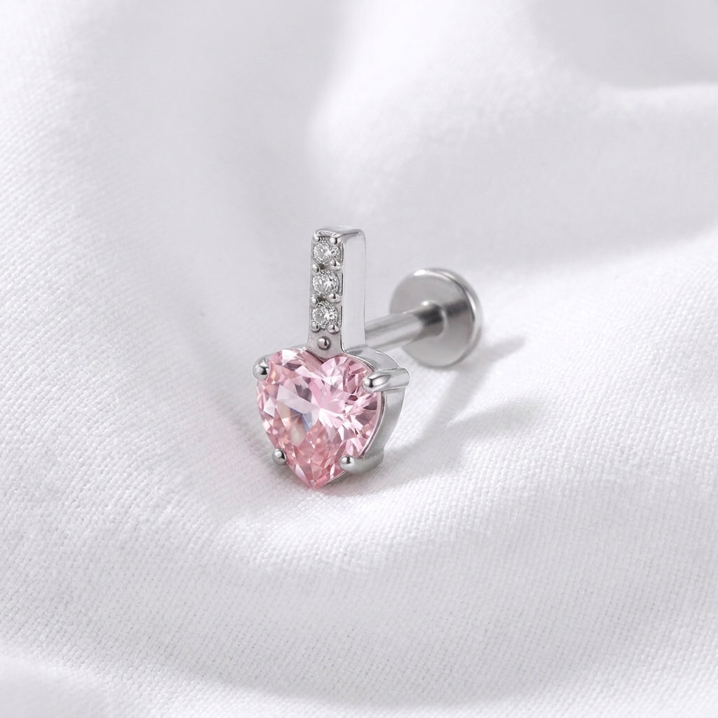 Piercing Labret Hélix Cœur Zircon 3D Doré et 3 Zircons - vue 2
