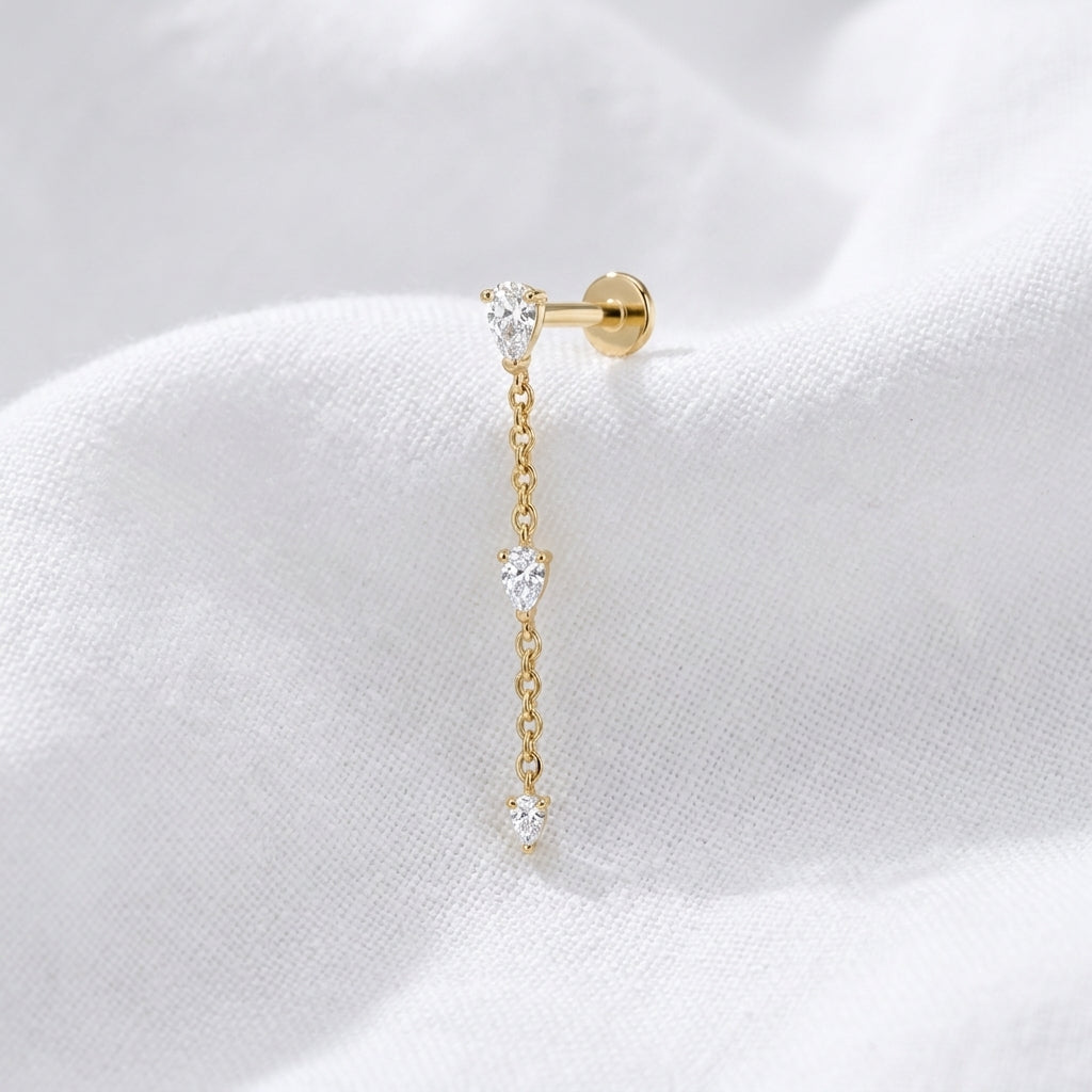 Piercing cartilage doré labret chaîne 3 poires zircon - vue 4