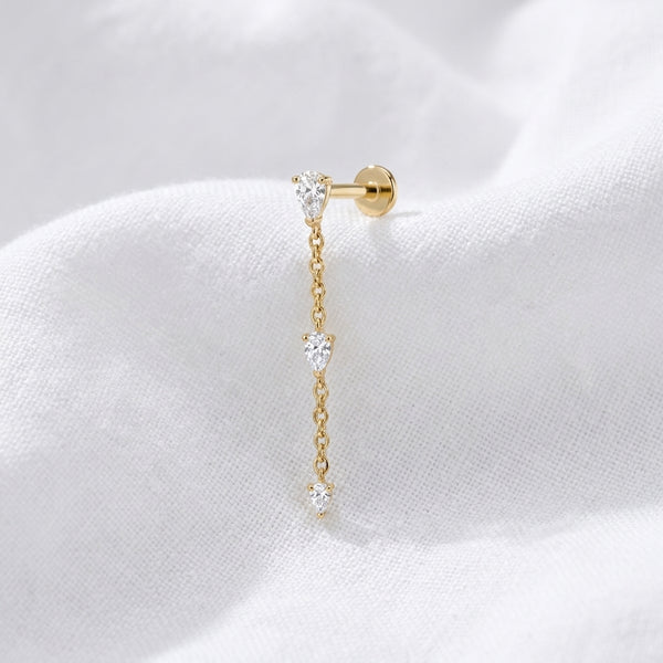 Piercing cartilage doré labret chaîne 3 poires zircon - vue 4