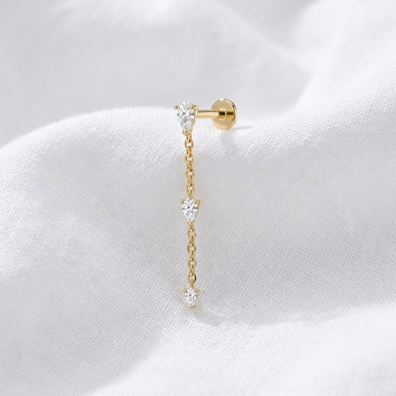 Piercing cartilage doré labret chaîne 3 poires zircon - vue 4