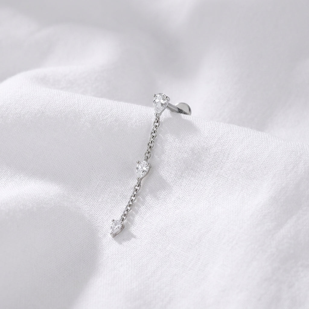 Piercing cartilage doré labret chaîne 3 poires zircon - vue 2