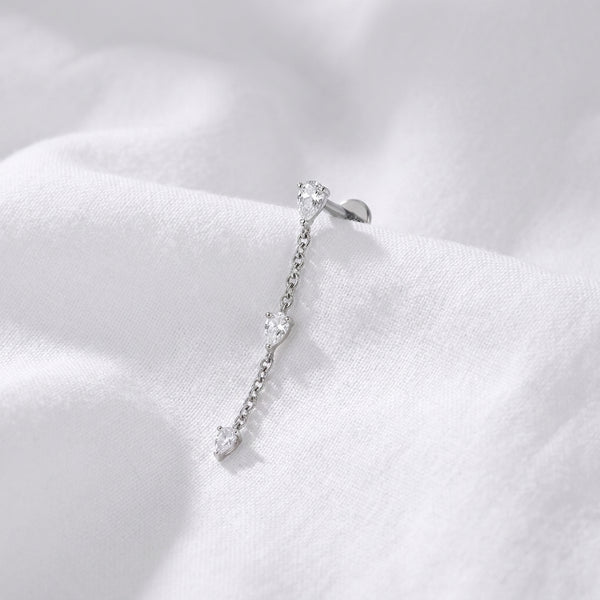 Piercing cartilage doré labret chaîne 3 poires zircon - vue 2