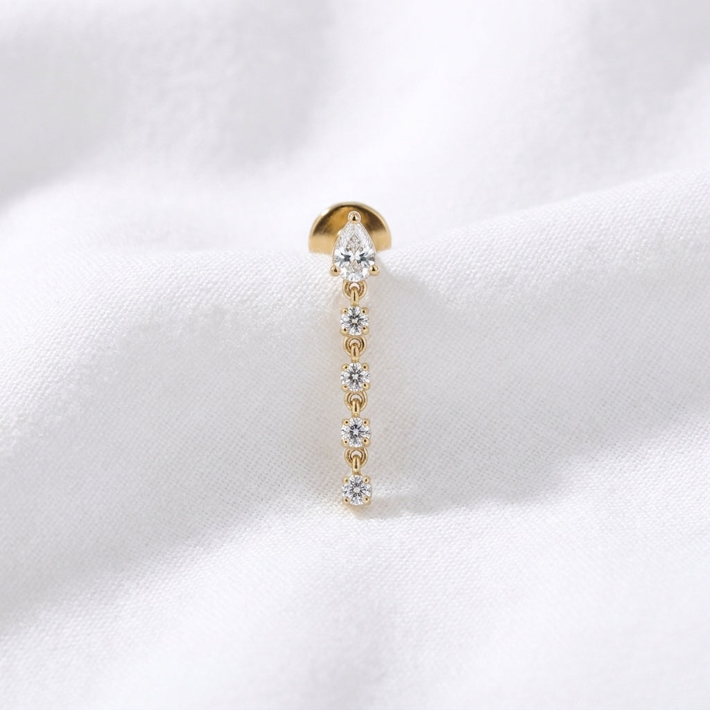 Piercing Cartilage Doré : Labret Zircon Poire & Chaîne - vue 4