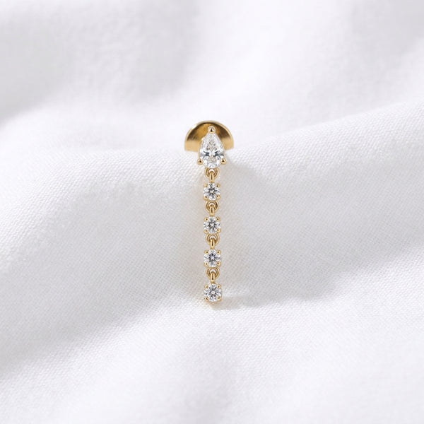 Piercing Cartilage Doré : Labret Zircon Poire & Chaîne - vue 4