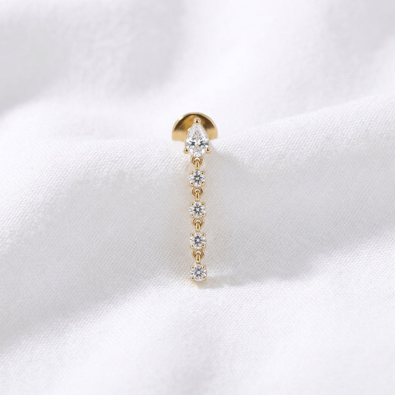 Piercing Cartilage Doré : Labret Zircon Poire & Chaîne - vue 4