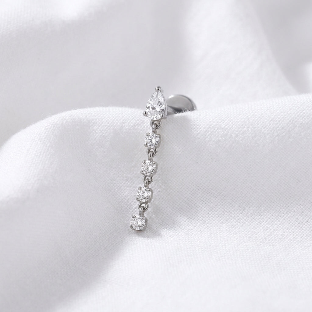 Piercing Cartilage Doré : Labret Zircon Poire & Chaîne - vue 2