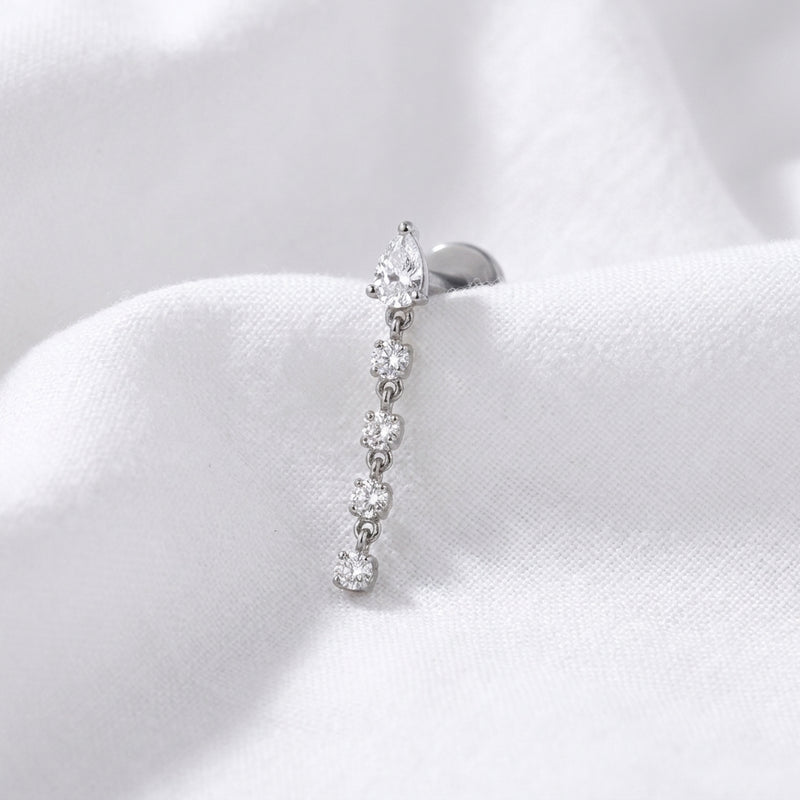 Piercing Cartilage Doré : Labret Zircon Poire & Chaîne - vue 2