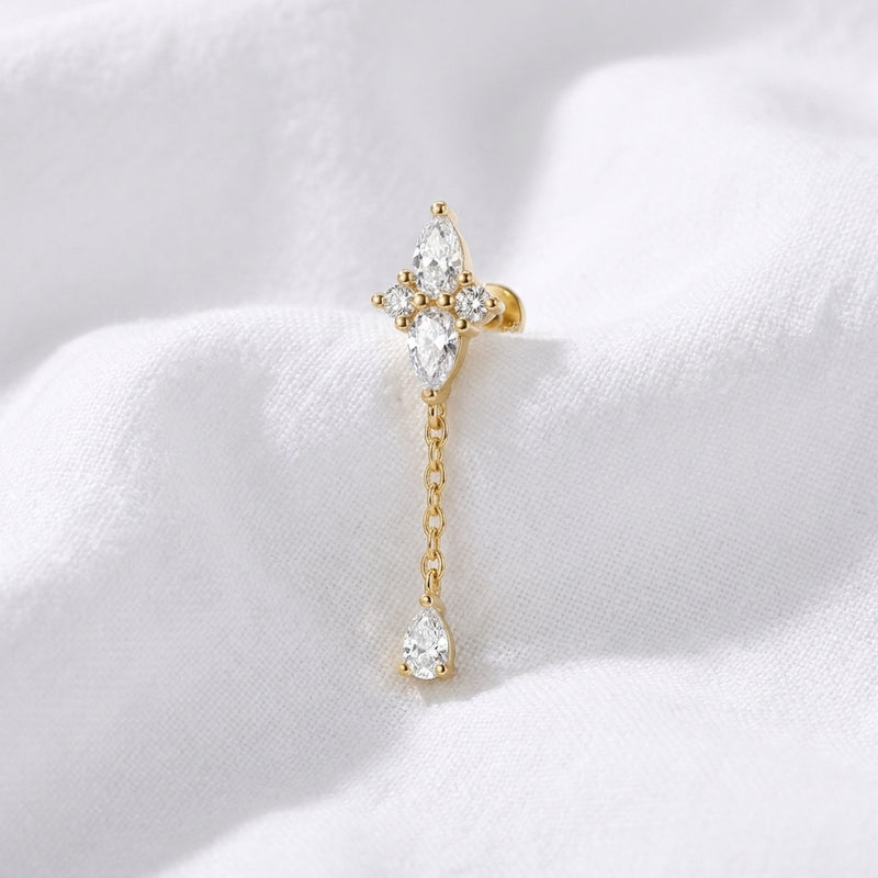 Piercing Cartilage Doré : Étoile Marquise, Chaîne & Goutte Zircon - vue 4