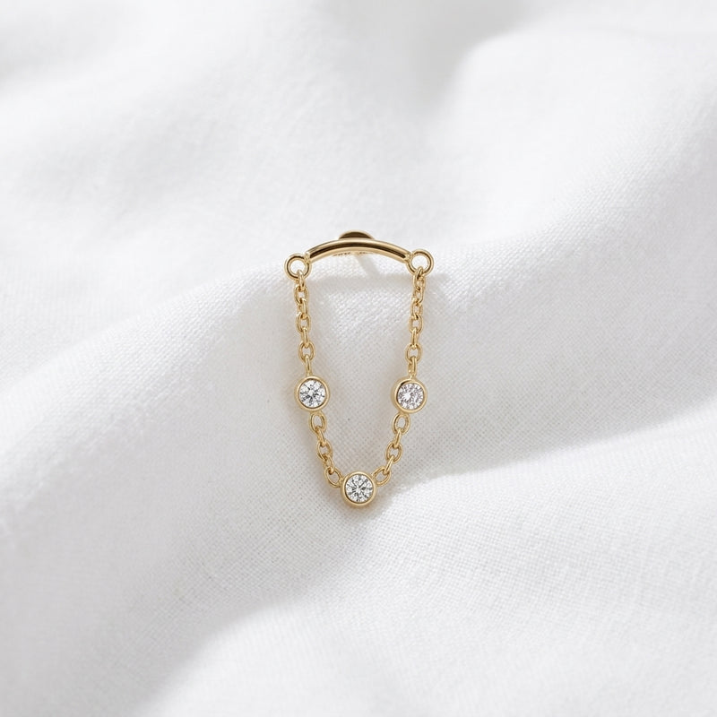 Piercing Labret Doré Chaîne 3 Zircons pour Oreille - vue 4