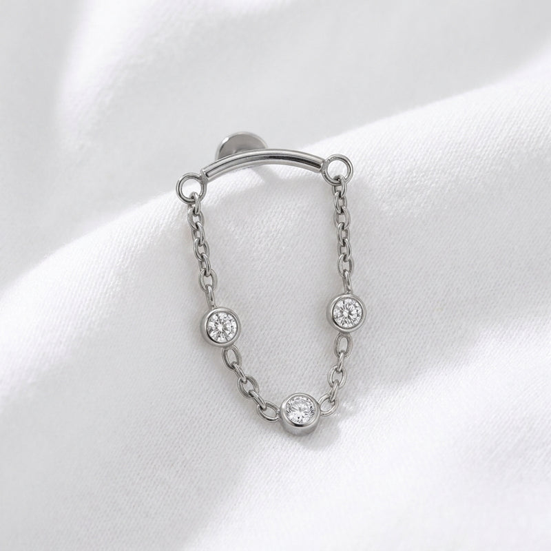 Piercing Labret Doré Chaîne 3 Zircons pour Oreille - vue 2