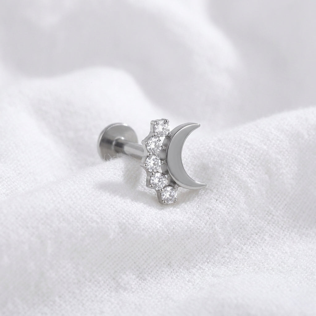 Piercing Labret Conch Lune Dorée 5 Zircones Scintillantes - vue 2