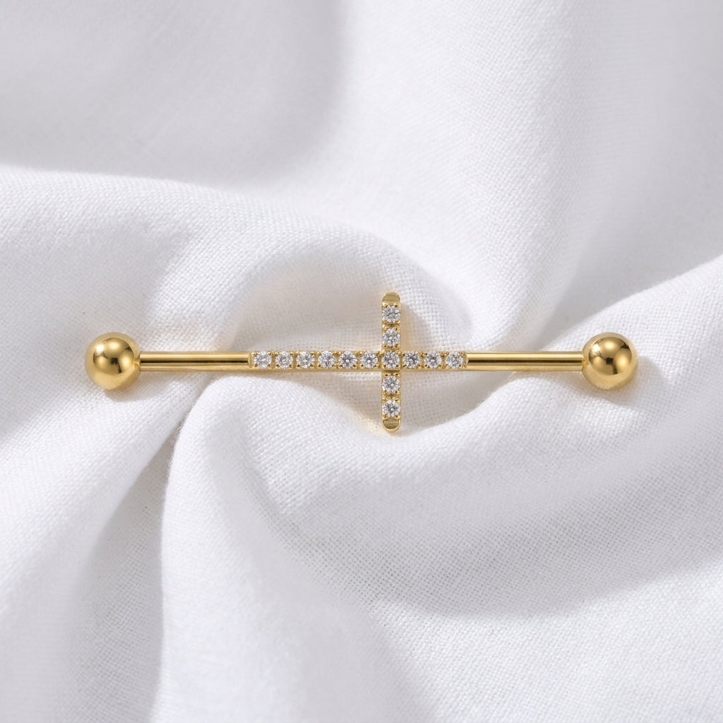 Piercing Industriel Doré avec Croix Zircones - vue 4