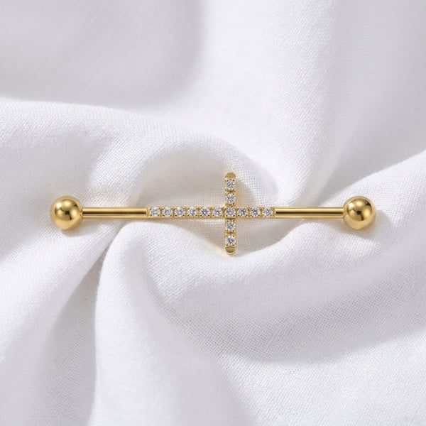 Piercing Industriel Doré avec Croix Zircones - vue 4
