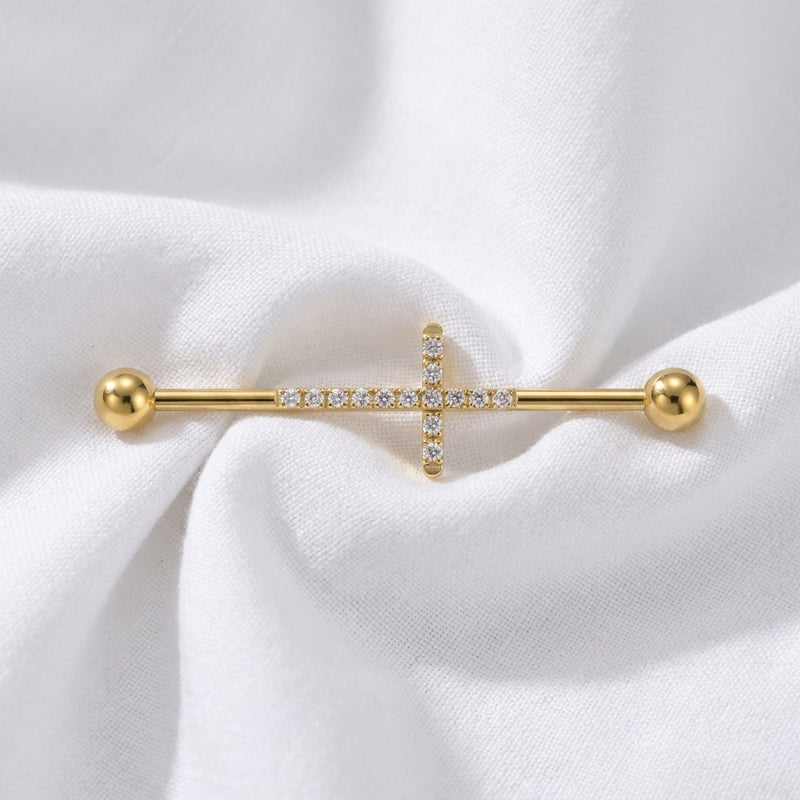 Piercing Industriel Doré avec Croix Zircones - vue 4