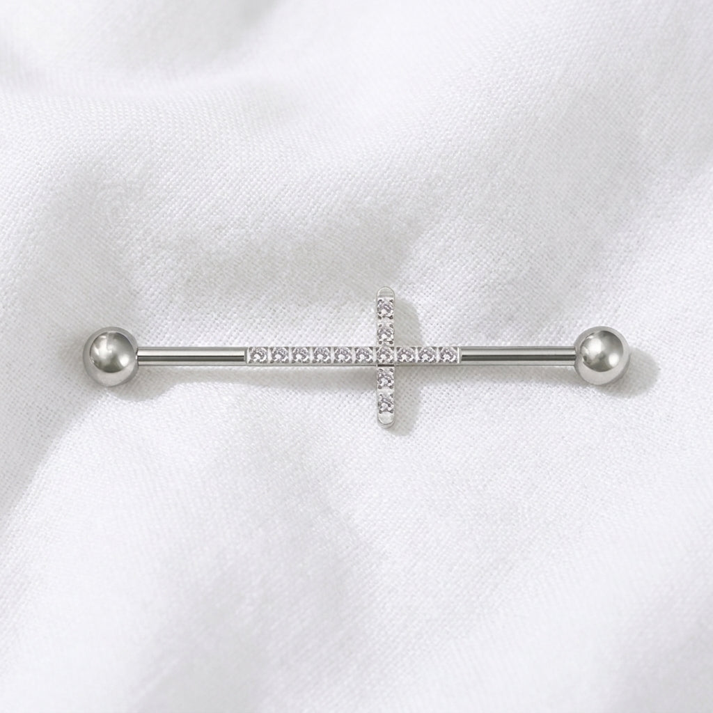 Piercing Industriel Doré avec Croix Zircones - vue 2