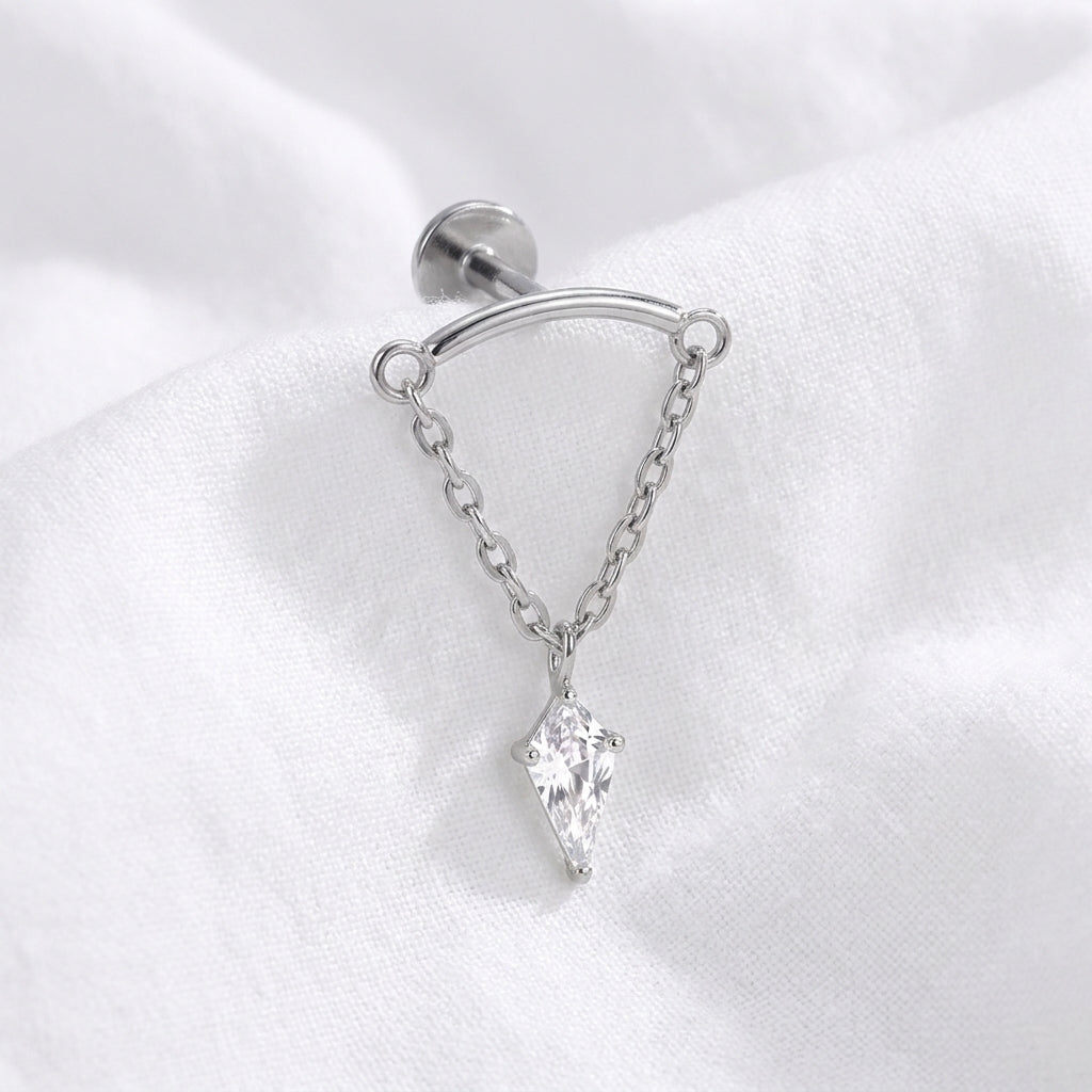 Piercing Hélix Labret Doré Chaîne avec Pendentif Zircon Losange - vue 2