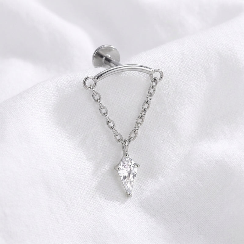 Piercing Hélix Labret Doré Chaîne avec Pendentif Zircon Losange - vue 2