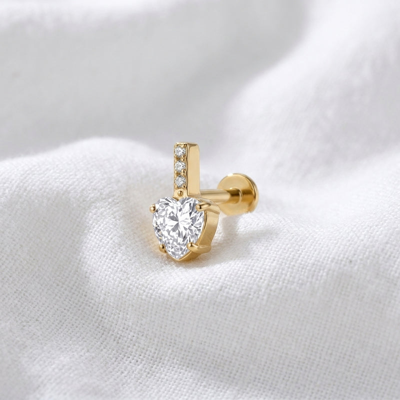 Piercing Labret Hélix Cœur Zircon 3D Doré et 3 Zircons - vue 5