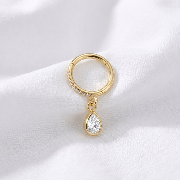 Piercing anneau clicker doré hélix, zircon pavé et goutte poire - vue 4