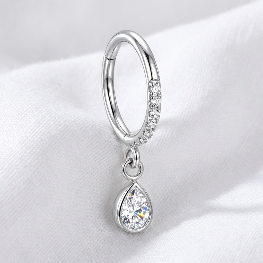 Piercing anneau clicker doré hélix, zircon pavé et goutte poire - vue 2