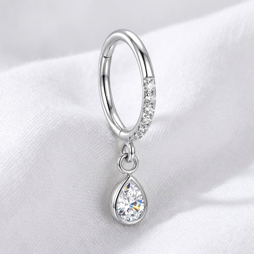 Piercing anneau clicker doré hélix, zircon pavé et goutte poire - vue 2