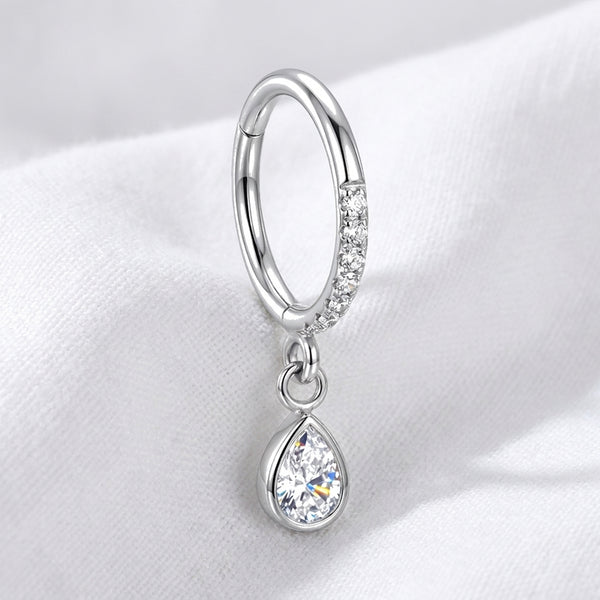 Piercing anneau clicker doré hélix, zircon pavé et goutte poire - vue 2