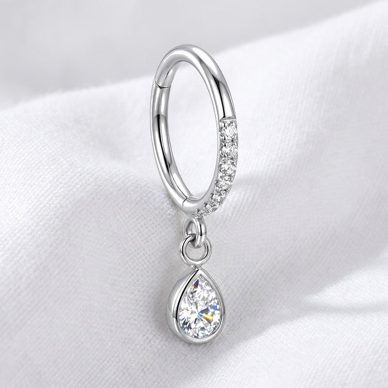 Piercing anneau clicker doré hélix, zircon pavé et goutte poire - vue 2