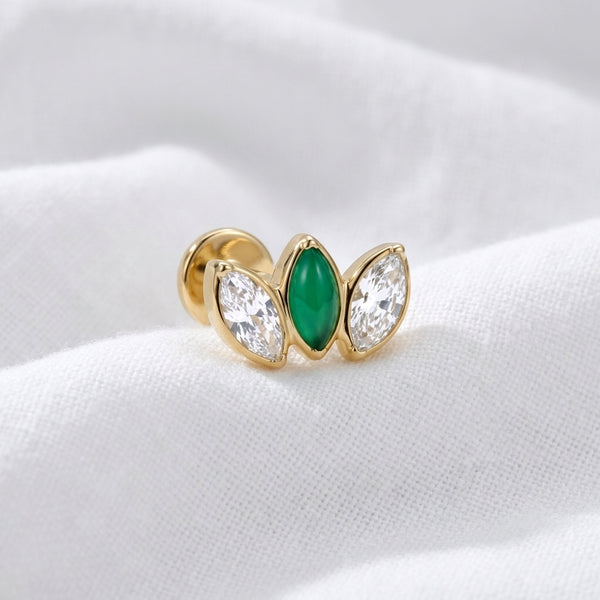 Piercing Helix Labret Doré, Triple Marquise Zircon et Jade Vert - vue 5