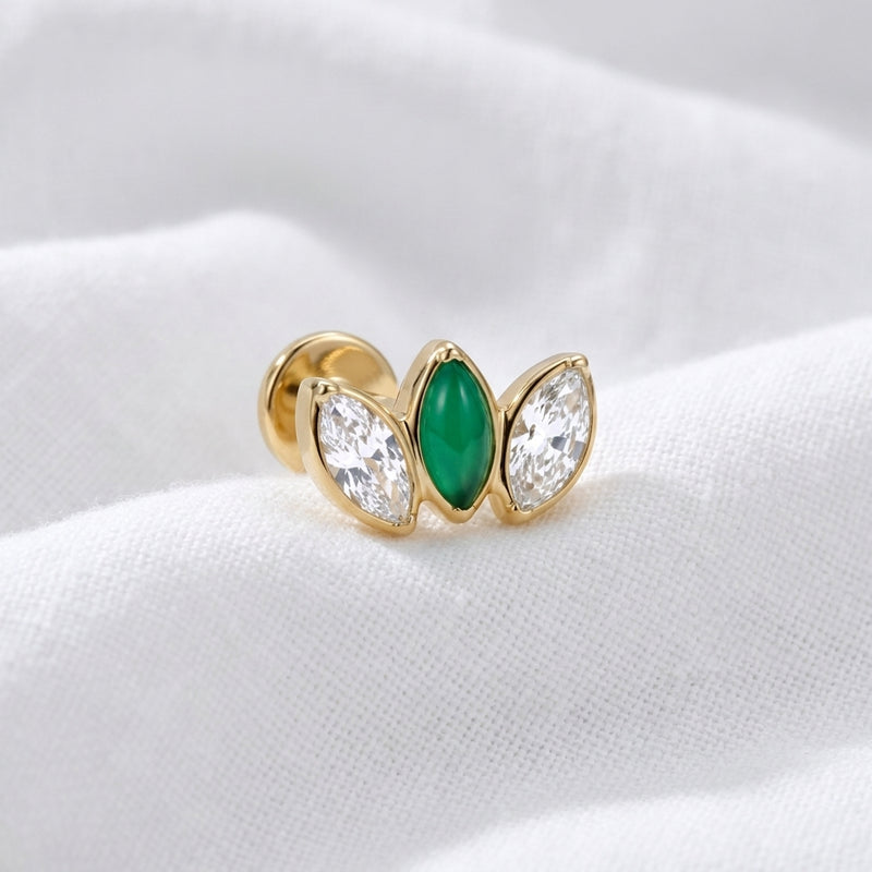 Piercing Helix Labret Doré, Triple Marquise Zircon et Jade Vert - vue 5