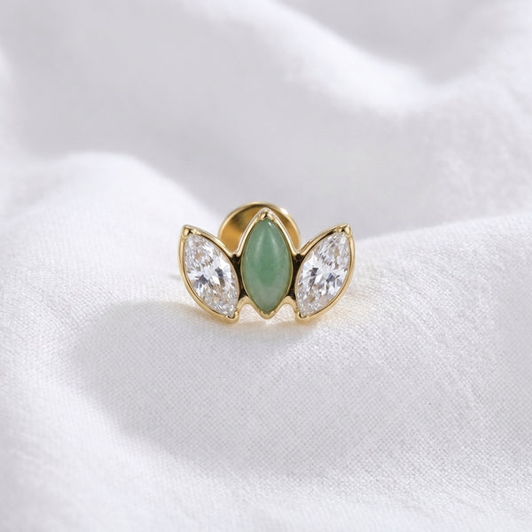 Piercing Helix Labret Doré, Triple Marquise Zircon et Jade Vert - vue 14