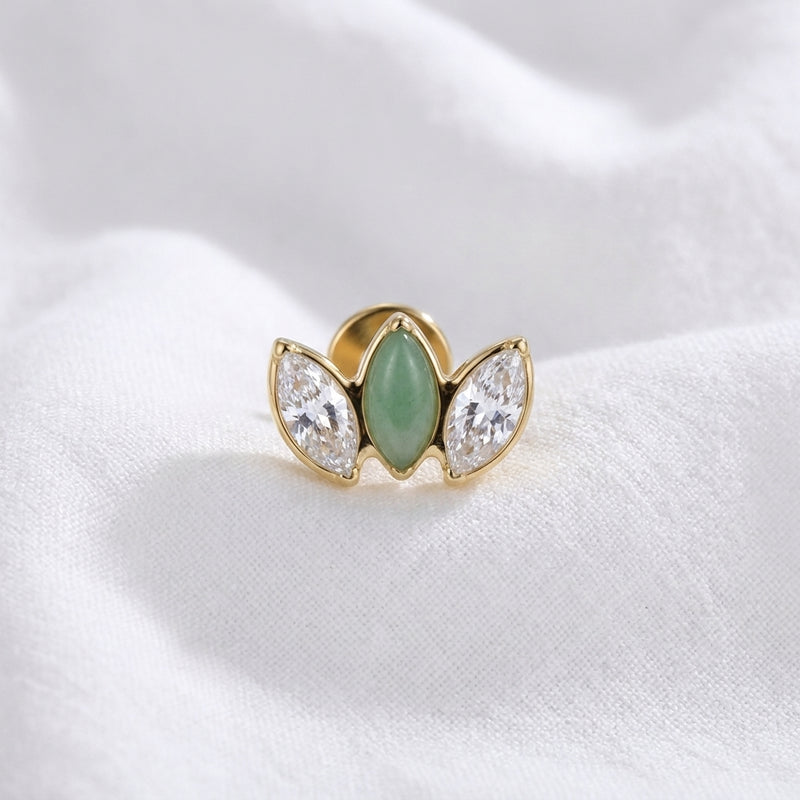 Piercing Helix Labret Doré, Triple Marquise Zircon et Jade Vert - vue 14