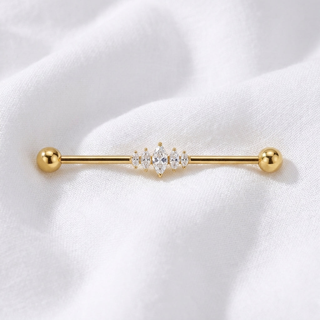 Piercing Industriel Doré : Barre Titane 5 Zircons Marquises - vue 4